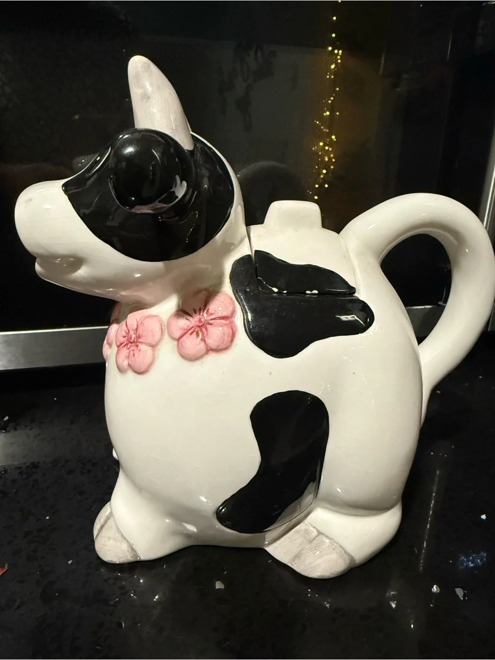 Ceramic Black & White Cow Teapot with Pink Flower Accents